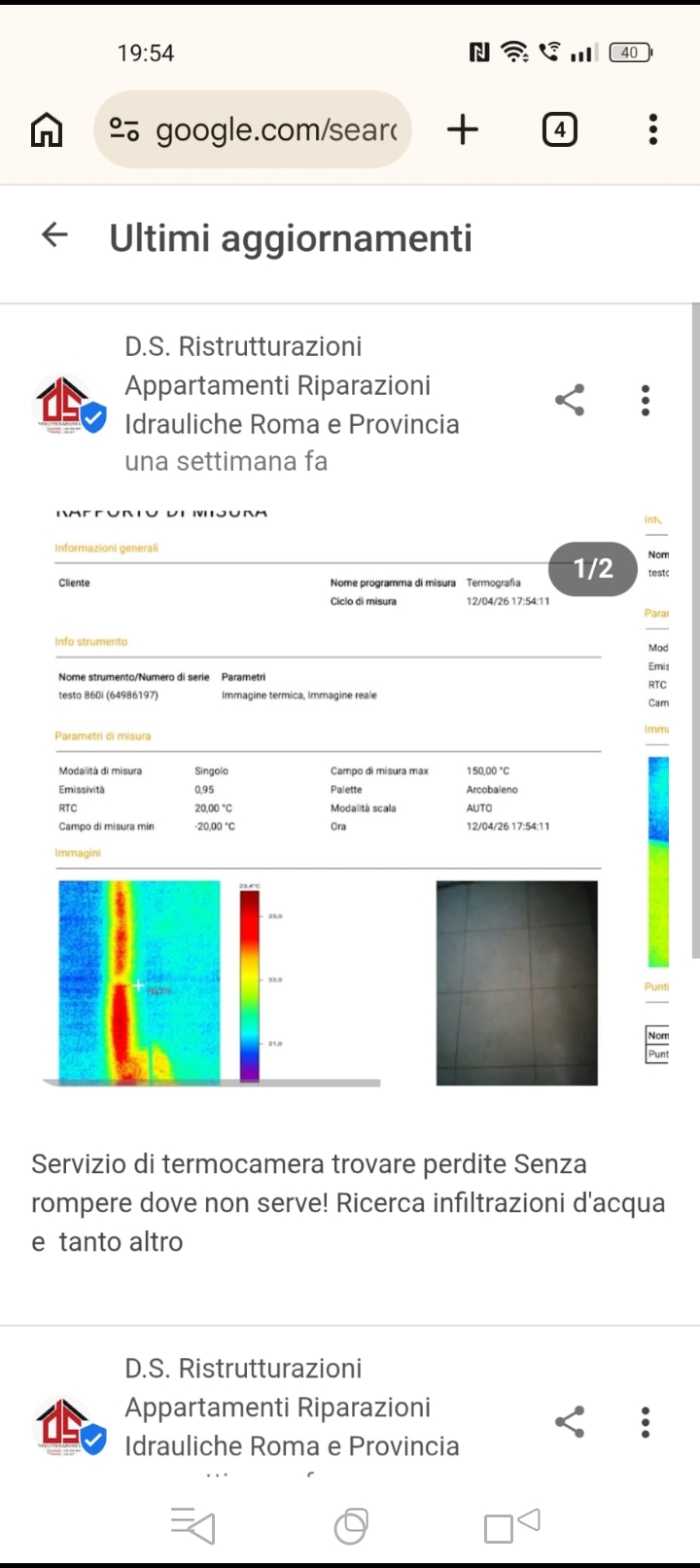 Termografia per ricerca perdite d'acqua nelle pareti